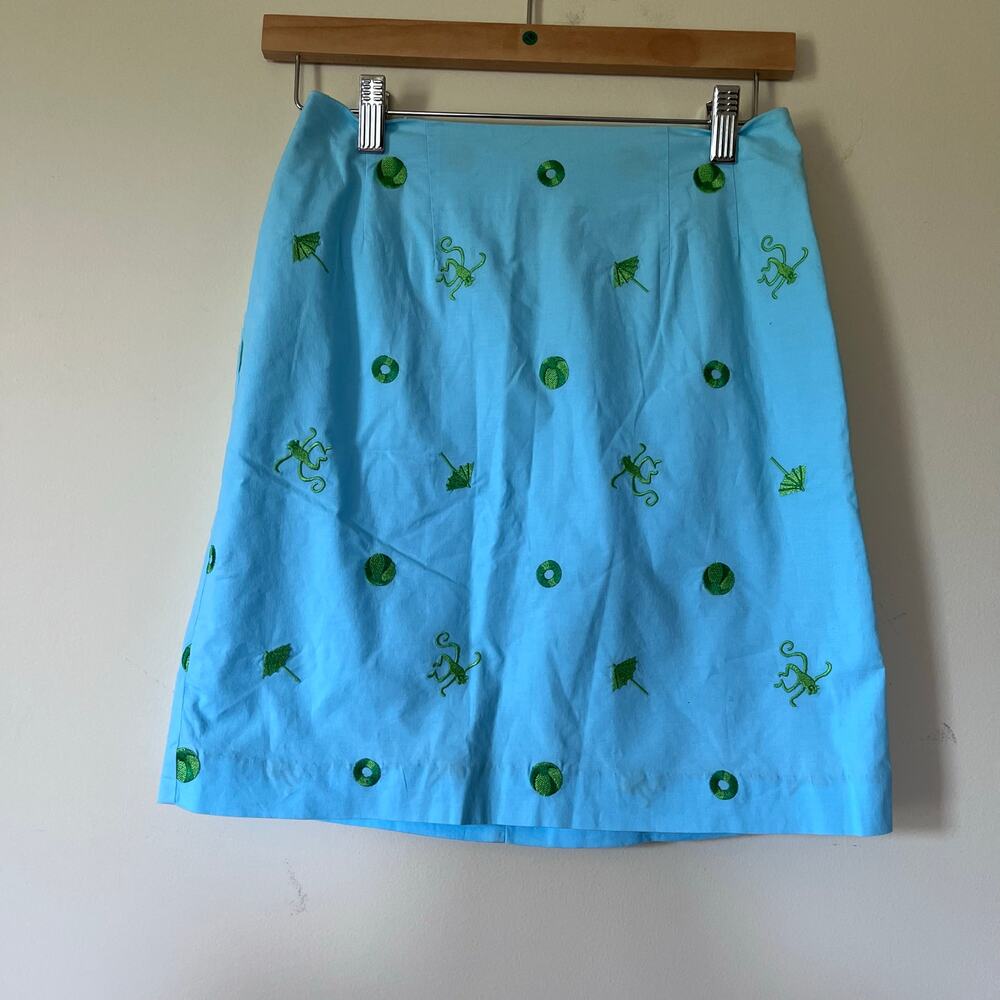 Vintage Lilly Pulitzer Blue Green Umbrella Monkey Embroidered Lined Skirt Size 0